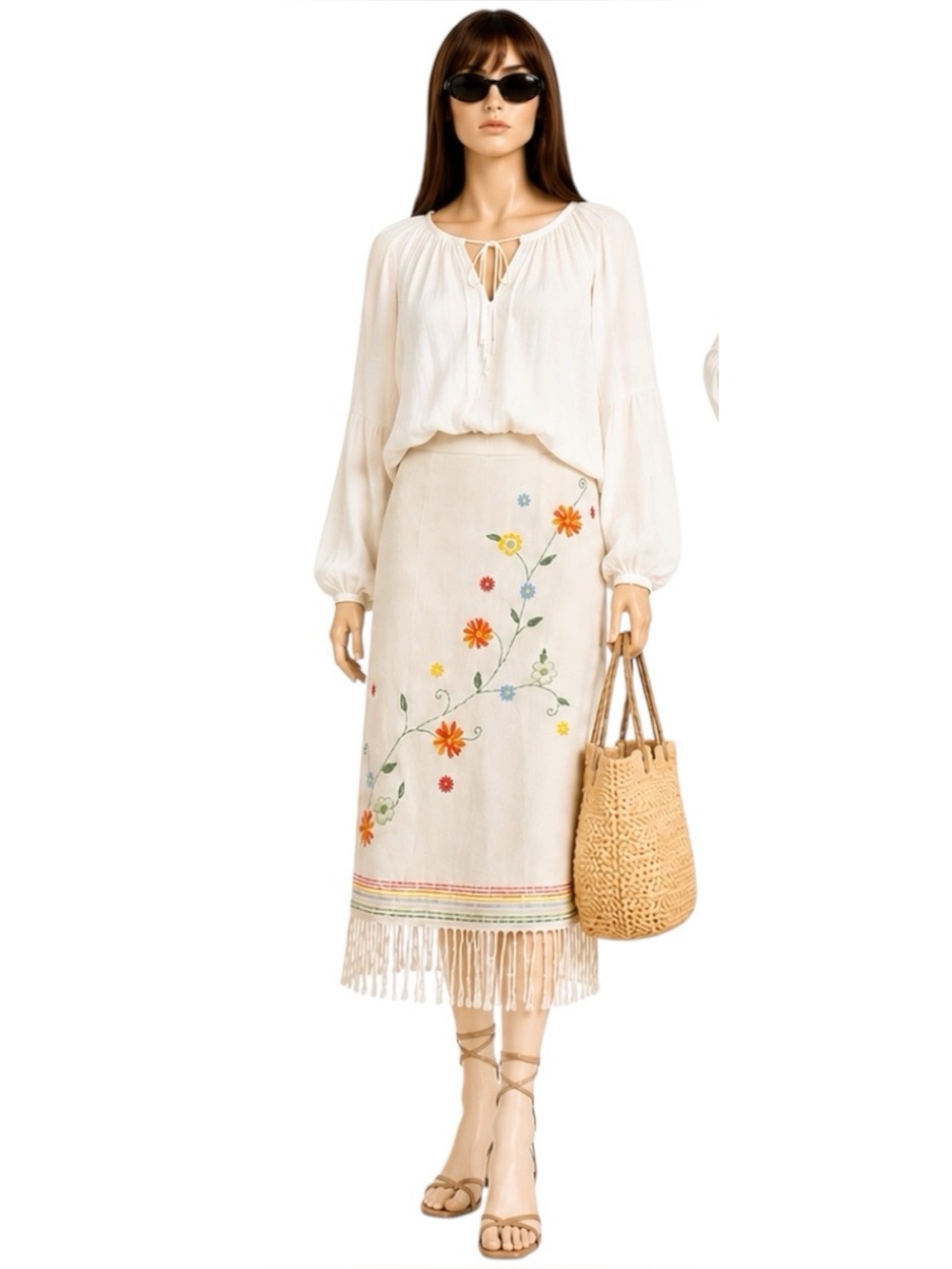 Muse Vintage White Beaded Linen Floral Fringe Skirt Cottagecore Ethereal